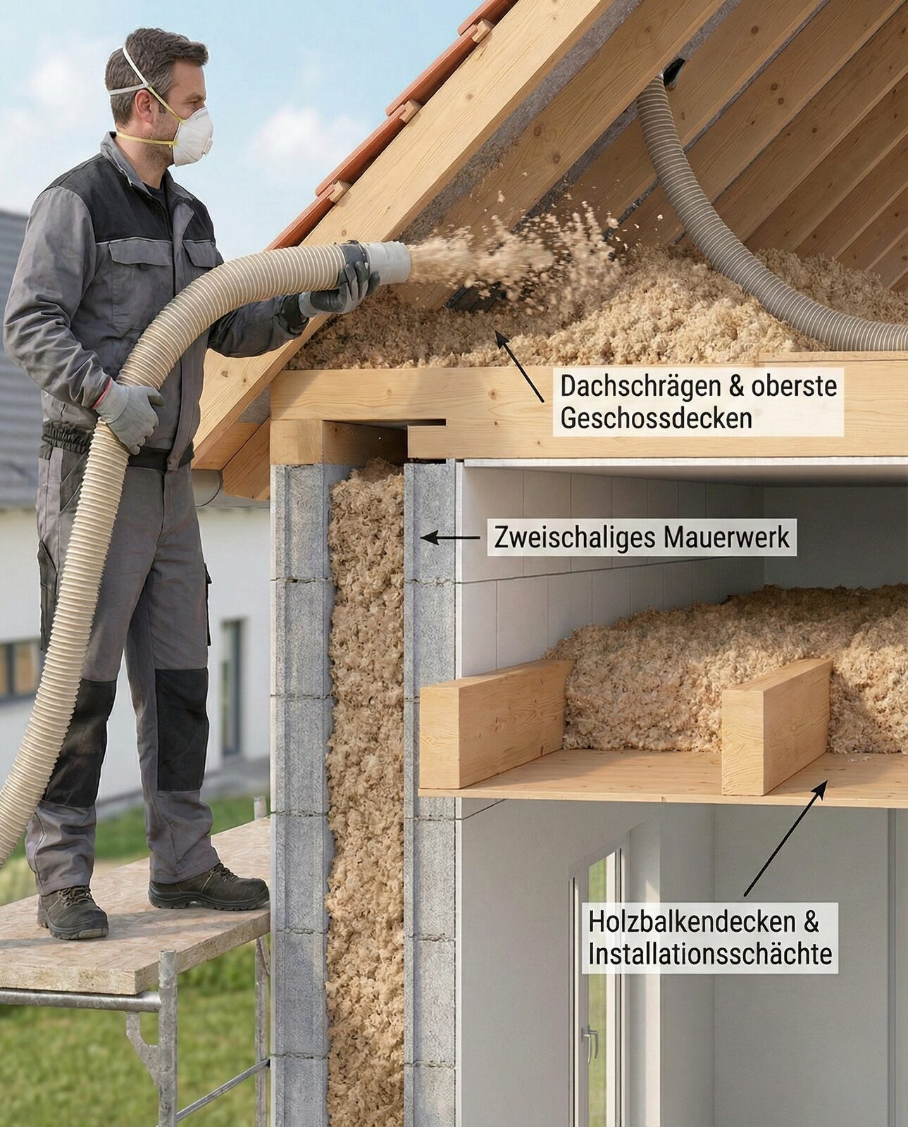 Einblasdämmung wird über einen Schlauch in einen Hohlraum eingebracht