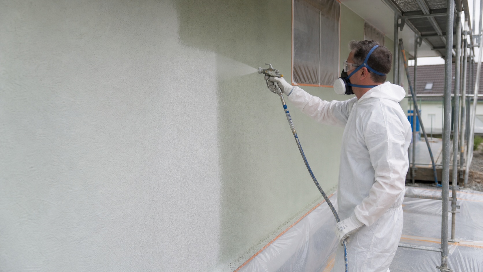 Auftrag auf einer verputzten Fassade im Airless-Verfahren