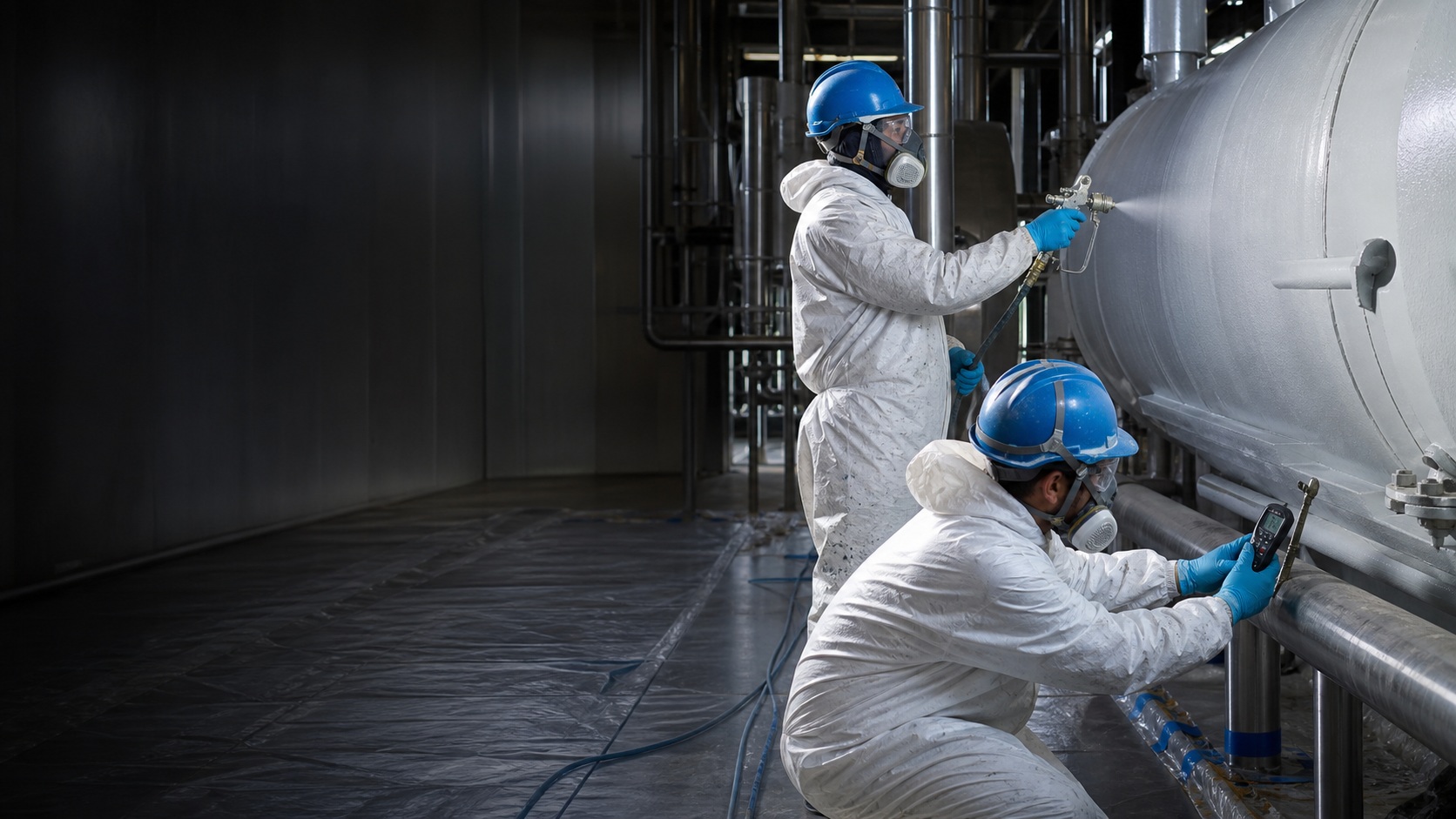 Beschichtung eines Beh&auml;lters in einer Industrieanlage, mit Schichtdickenmessung