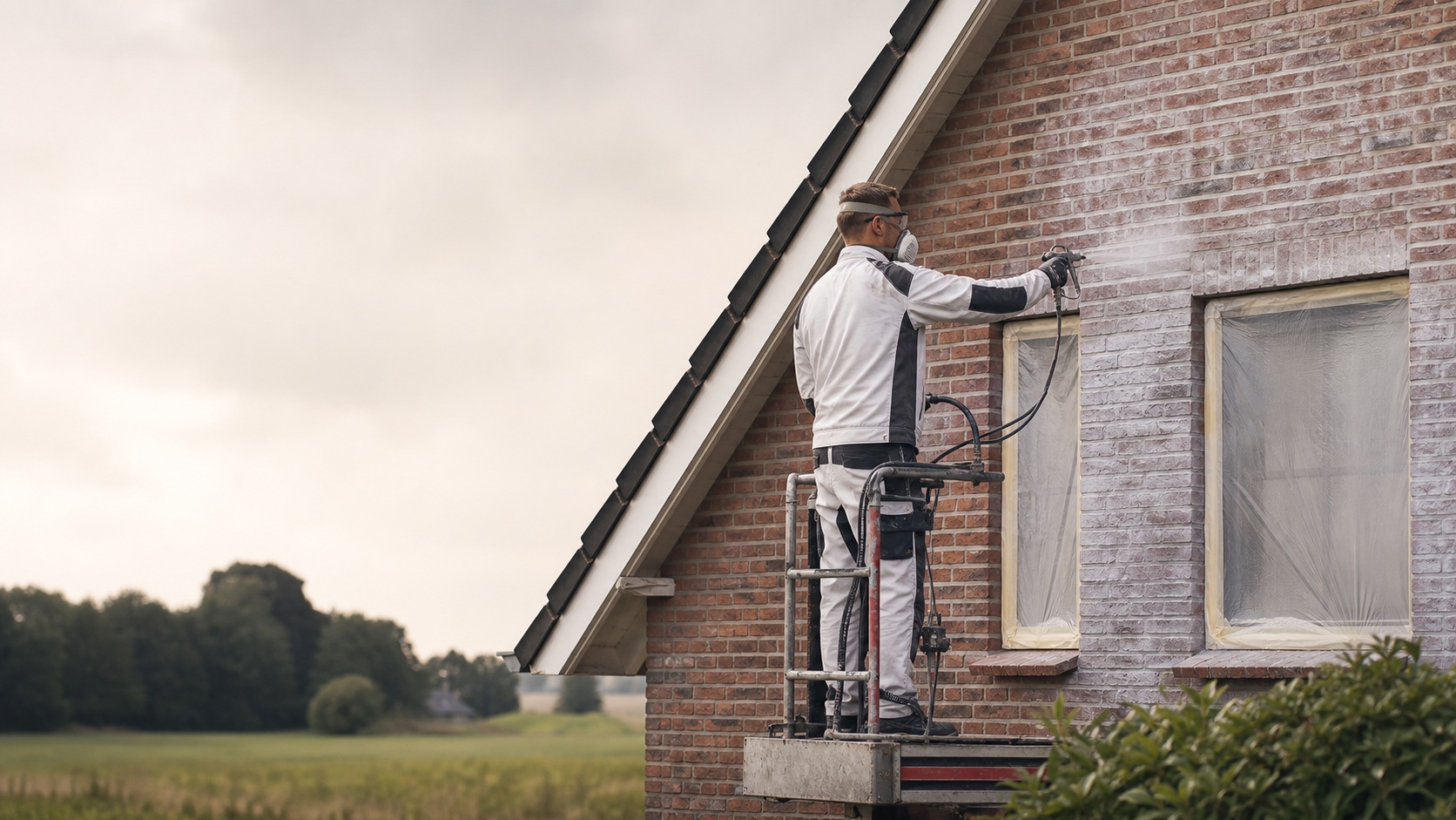 Auftrag auf einer Klinkerfassade vom Hubsteiger aus